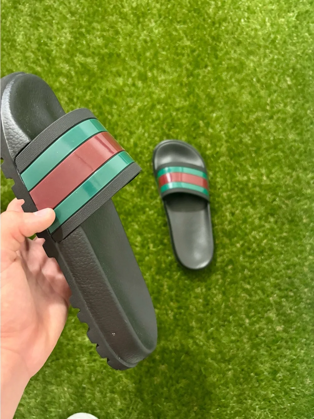 Gucci Black Slide Sandals with Green and Red Stripe